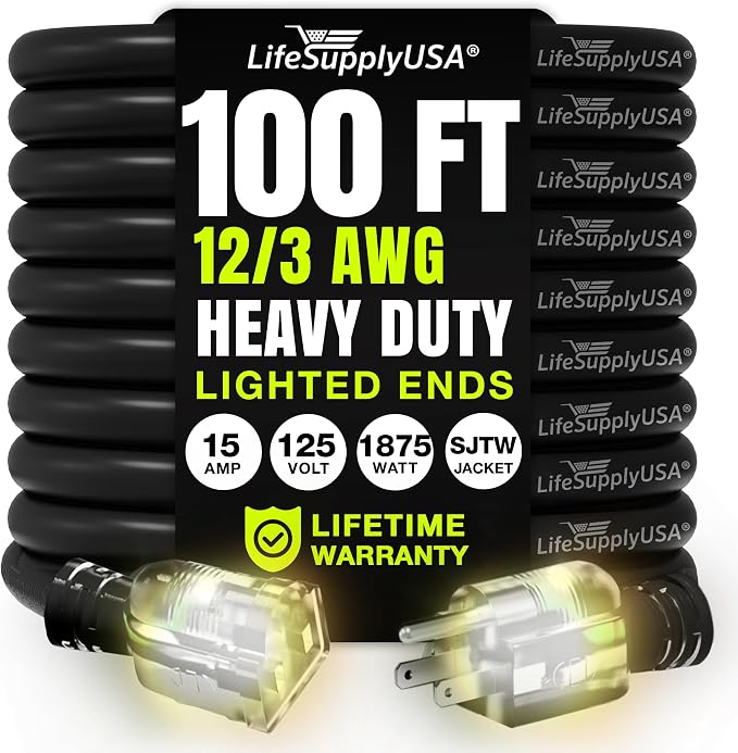 100ft Outdoor/Indoor Extension Cord 12/3 Gauge Extra Heavy Duty 3 Prong SJTW by LifeSupplyUSA