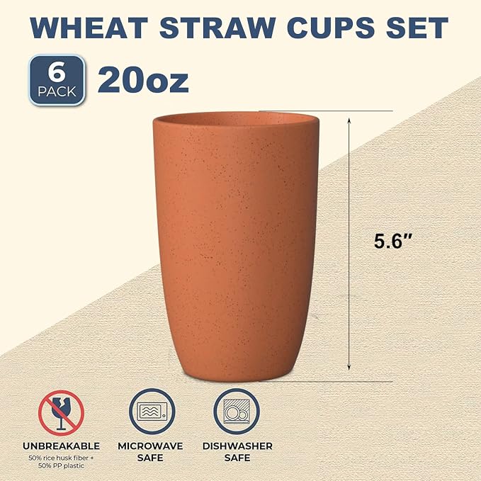 Wrova Wheat Straw Cups 6 PCS Good Alternative to Plastic Reusable Cups 20 oz - Image 2