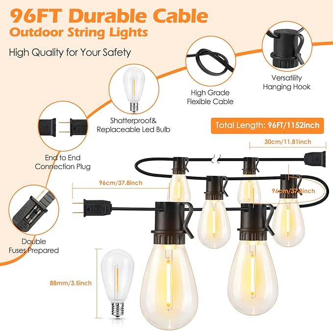 Larkvue 96FT LED Outdoor String Lights, Waterproof Patio Lights - Image 4