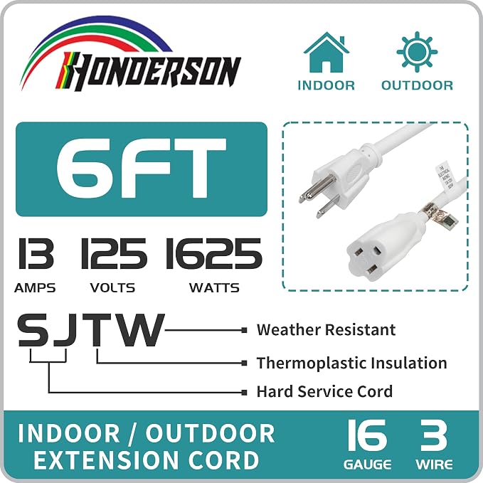 Indoor Outdoor Extension Cord Weatherproof, UL Listed, 16 Gauge 6FT White 3 - Image 3