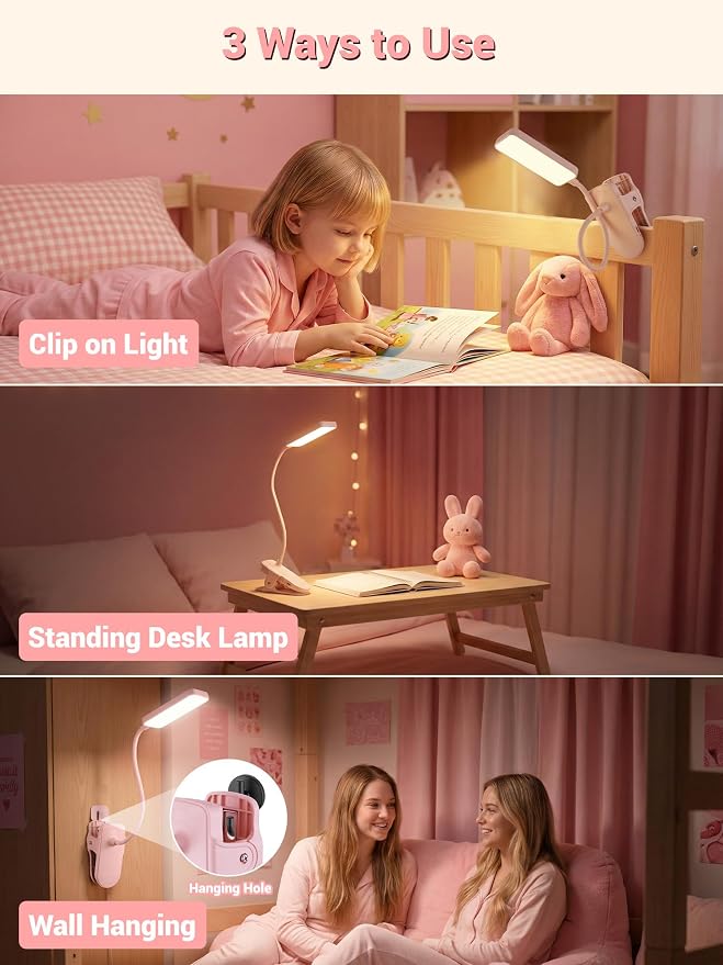 Pink Desk Lamp with Clamp Light, 9 Brightness+5 Color Clip on Light, 4000mAh - Image 7