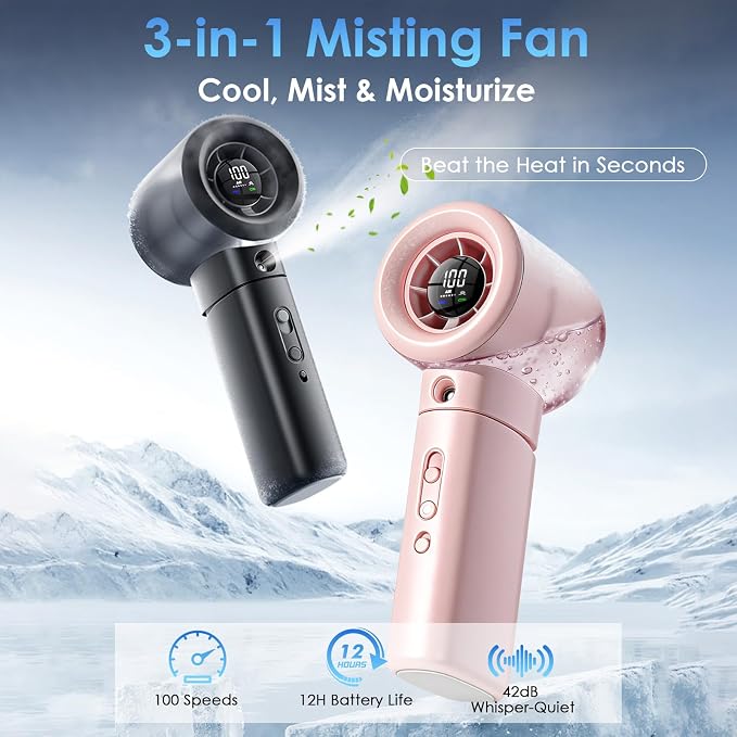 Portable Misting Fan Handheld Powerful Turbo Fan, 100 Speeds, 6000mAh - Image 2