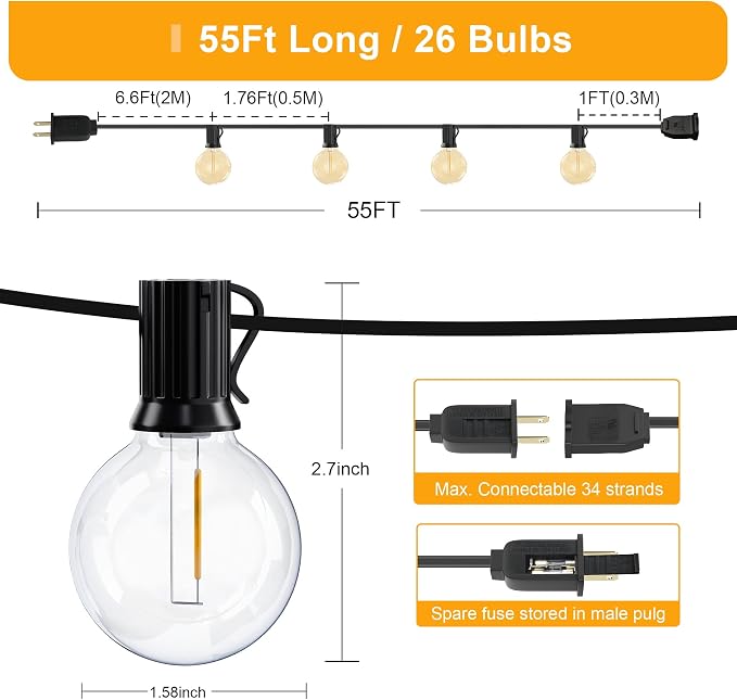 OHLUX Outdoor String Lights, 55FT Shatterproof LED Patio Lights - Image 2