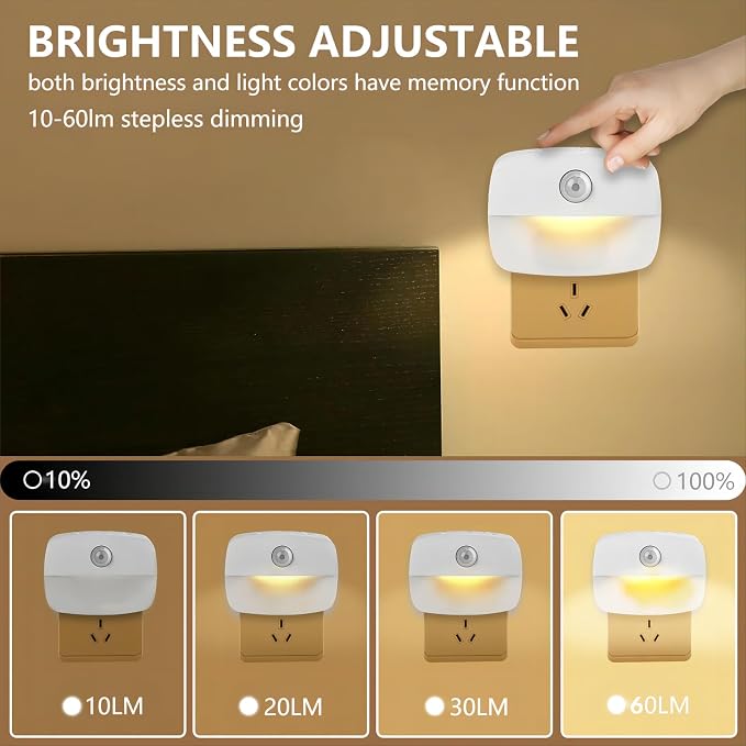 Sossi Motion Sensor Night Light Plug in 4 Pack, 10-60Lm Stepless Dimming - Image 5