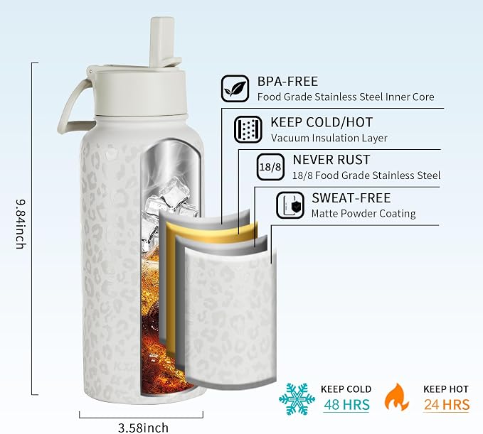 KXIAOCHEN Insulated Water Bottle, Stainless Steel Water Bottle, 2 Lids - Image 5