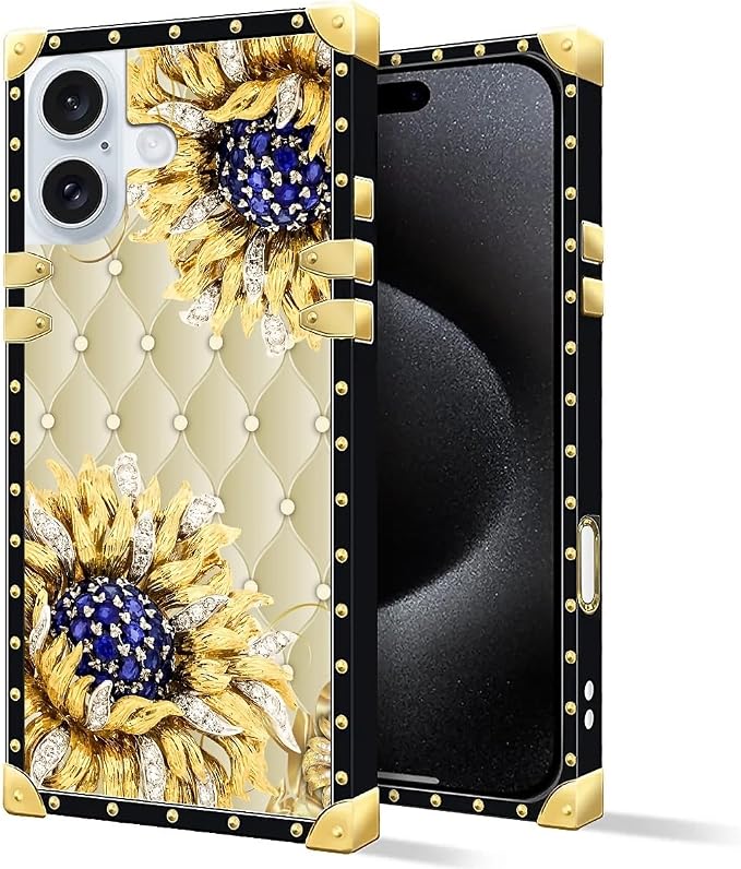 Compatible with iPhone 16 Plus Case, Sunflower Diamonds Leather Luxury Golden - Image 3