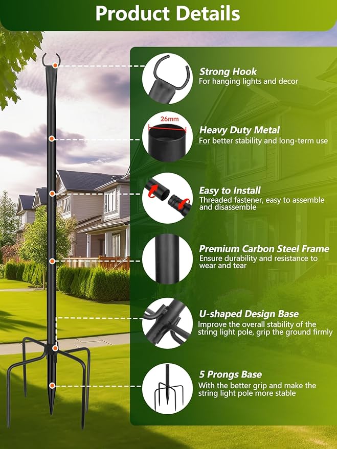 String Light Poles for Outside 4 Pack, 10ft Metal Outdoor String Light Poles - Image 7