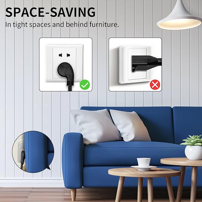 Miady Flat Plug Extension Cord 1 Ft, 90 Degree Plug Adapter, 3 Prong Grounded - Image 3