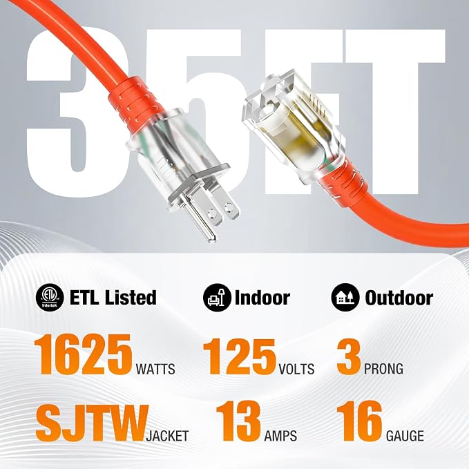 35 FT Outdoor Extension Cord Waterproof, 16/3 Gauge Heavy Duty 3 Prong Power - Image 2