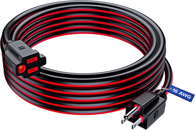 Maximm 25 Ft Black and Red Extension Cord, Heavy Duty 3-Prong Outdoor Power by MaximmCable