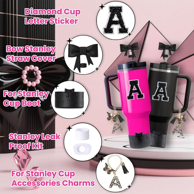 MOTEERLLU 6pcs Black Stanley Cup Accessories Set, Bow Straw Topper - Image 2