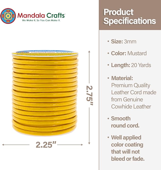 Mandala Crafts Round Genuine Mustard Yellow Leather Cord - Image 4