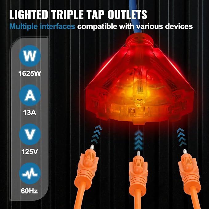 VEVOR 75FT Retractable Extension Cord Reel, 14AWG/3C SJTOW Heavy Duty Power - Image 3