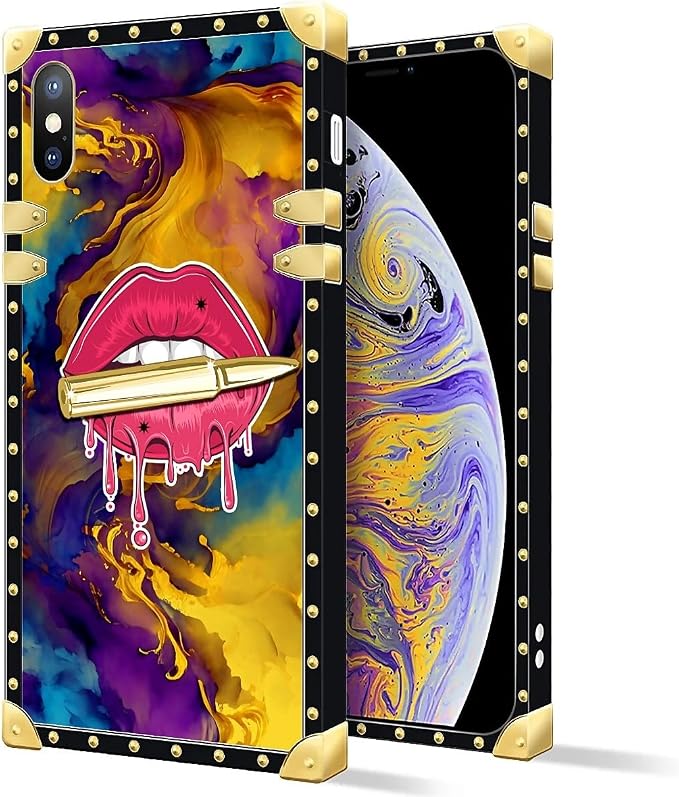 Compatible with iPhone XR Case, Cool Corlorful Lip Marble Luxury Golden - Image 2