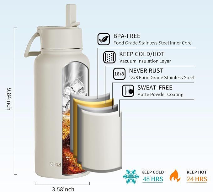 KXIAOCHEN Insulated Water Bottle, Stainless Steel Water Bottle, 2 Lids - Image 6
