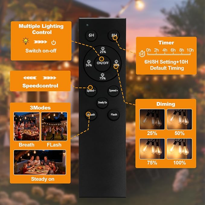 50FT Outdoor String Lights, 15m Waterproof Remote LED Patio Lights - Image 6