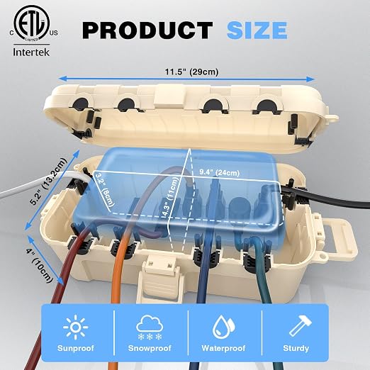 Flemoon Medium Outdoor Electrical Box, IP54 Waterproof Extension Cord Cover w/6 - Image 3