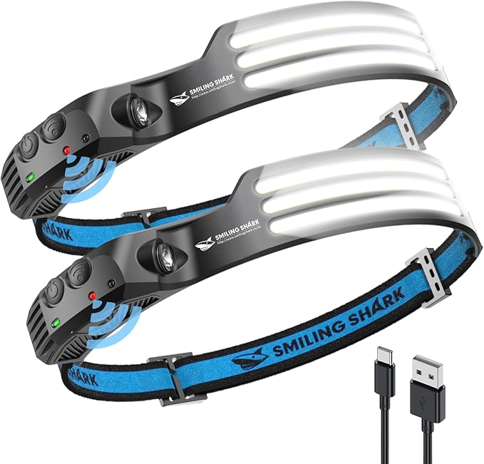 Smiling Shark LED Headlamp, 230°Wide Angle 3*White Light 2 Pack The Brightest by SmilingShark