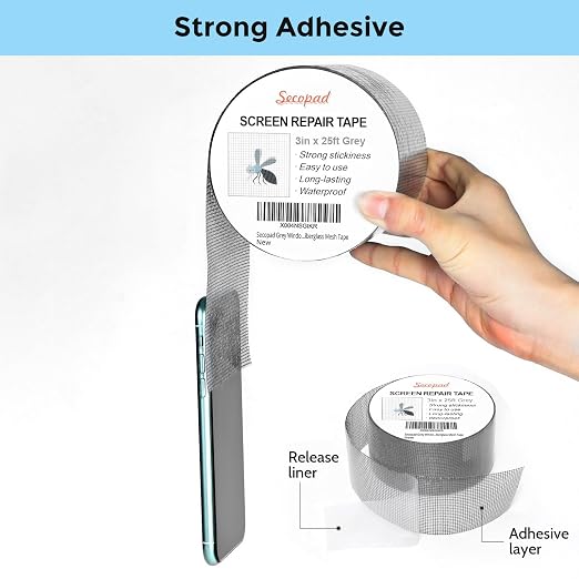 Secopad Grey Window Screen Repair Tape, 3IN X 25FT Screen Repair Kit - Image 2