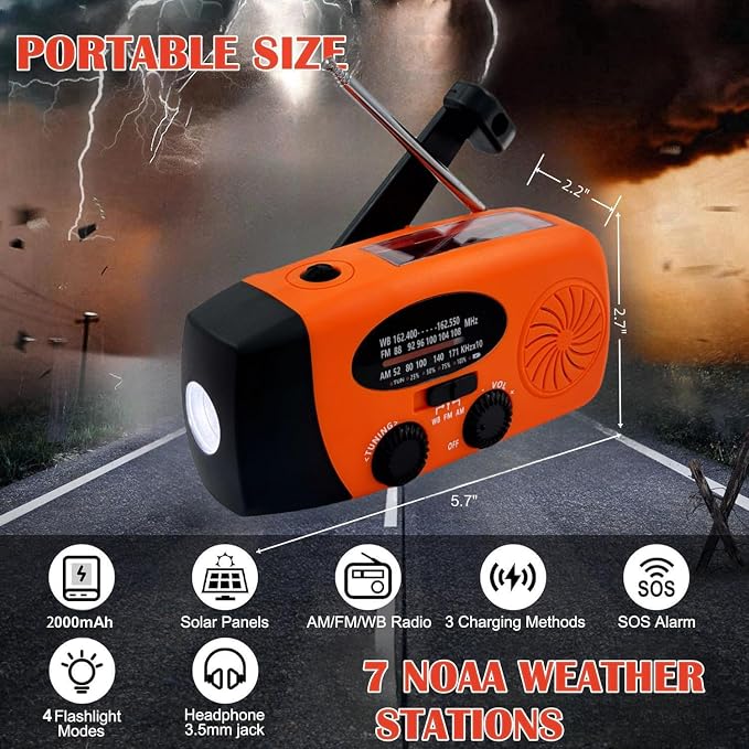 7400mWh Weather Emergency Radio, Portable Solar AM/FM/NOAA Hand Crank Radio - Image 7