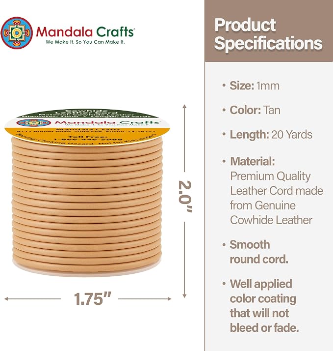 Mandala Crafts Round Genuine Tan Leather Cord - Image 4