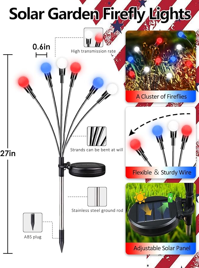 Upgraded 8 Pack Red White and Blue Solar Firefly Lights, 4th of July Solar - Image 2