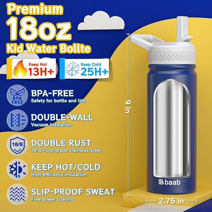 baab 18oz Kids Water Bottle, Insulated Water Bottle - Image 2