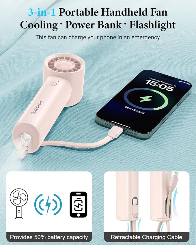 Portable Handheld Fan with Power Bank, 3 IN 1 USB Rechargeable Mini Personal - Image 3