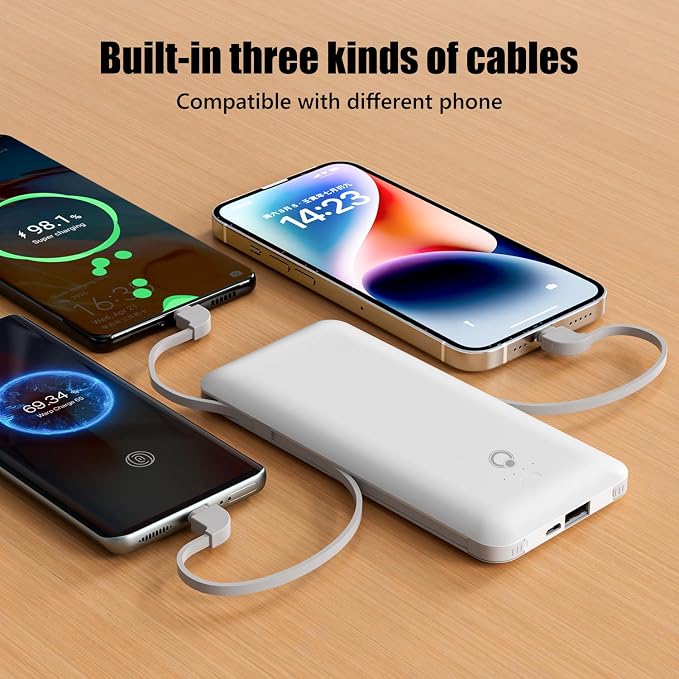 Brand Q Portable Charger with Built-in Cables and AC Wall Plug, Slim USB C - Image 2