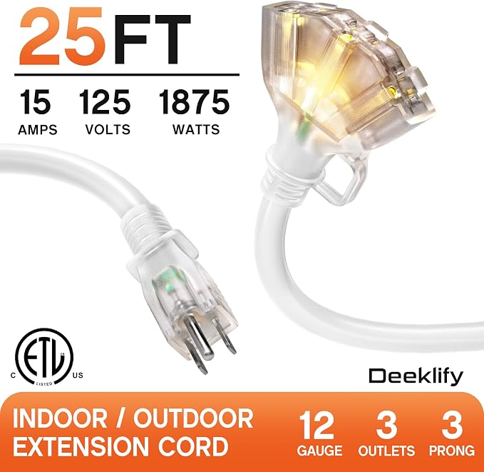 25 ft 12 Gauge Heavy Duty 3 Outlet Extension Cord Splitter - Image 2