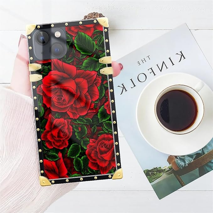 Compatible with iPhone 15 Case, Vector Red Rose Green Leaf Luxury Golden - Image 7