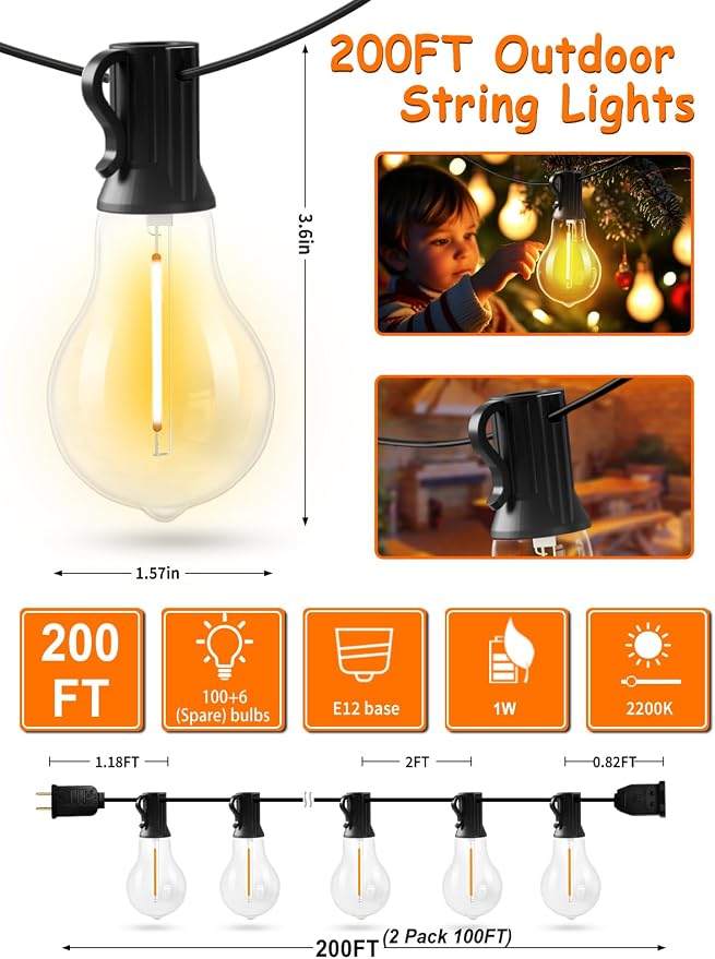 200FT Outdoor Lights with 106 Shatterproof Bulbs, IP45 Waterproof Outside - Image 5