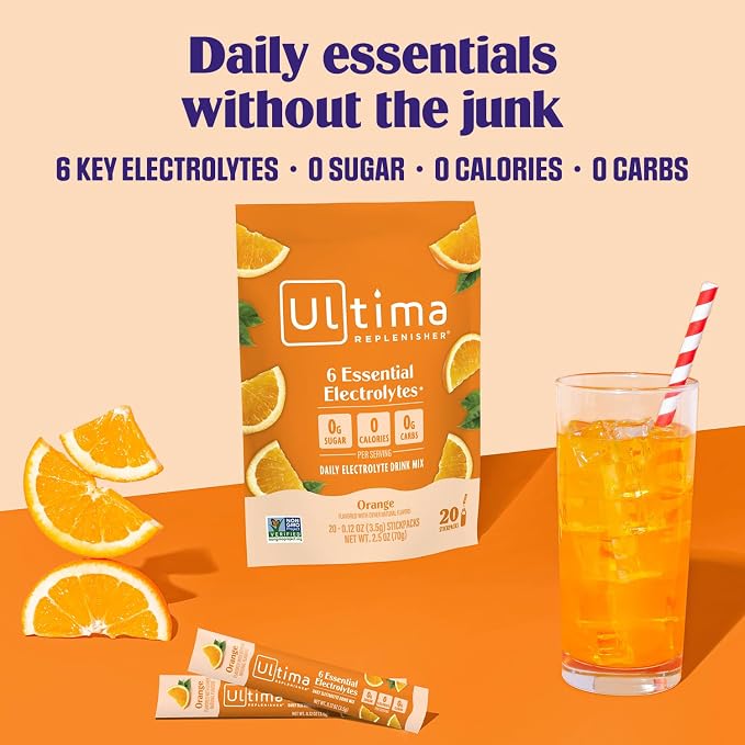 Ultima Replenisher Daily Electrolyte Powder – Orange, 20 Stickpacks – Zero - Image 2