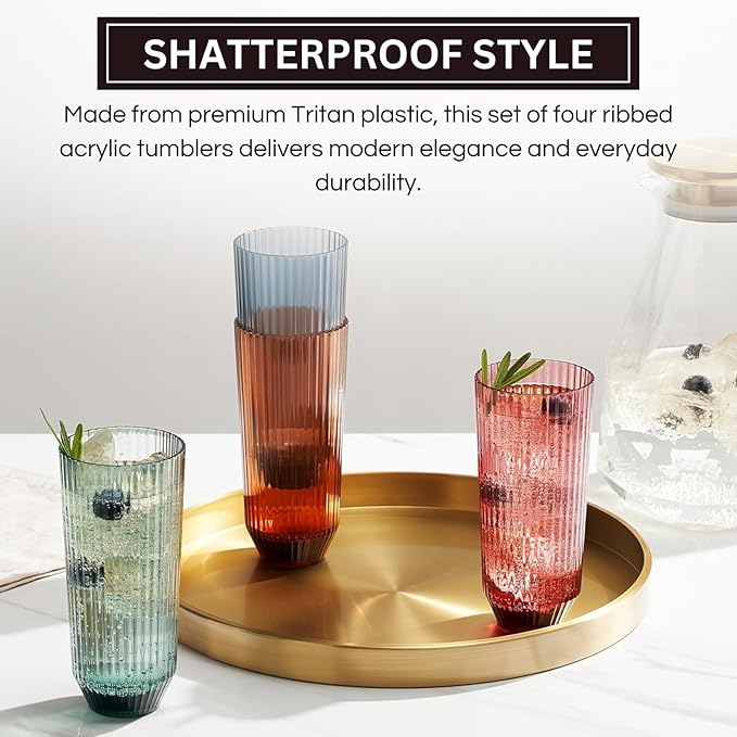 Khen Plastic Acrylic Ribbed Drinking Glasses – Set of 4 Multicolor 11.8oz - Image 4