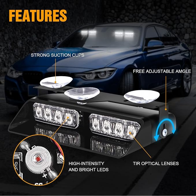 XRIDONSEN White 2 in 1 Dash Emergency Strobe Lights Front/Rear Windshield - Image 3
