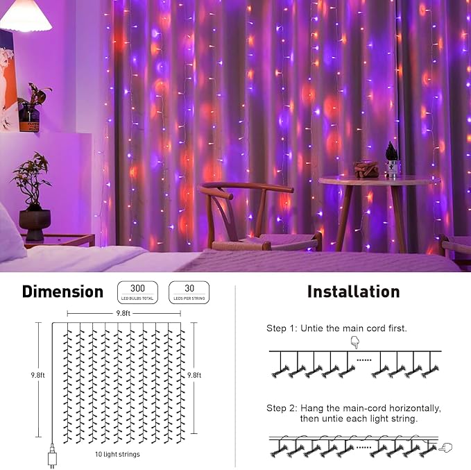 JMEXSUSS 300LED Orange and Purple Halloween Curtain Lights - Image 5
