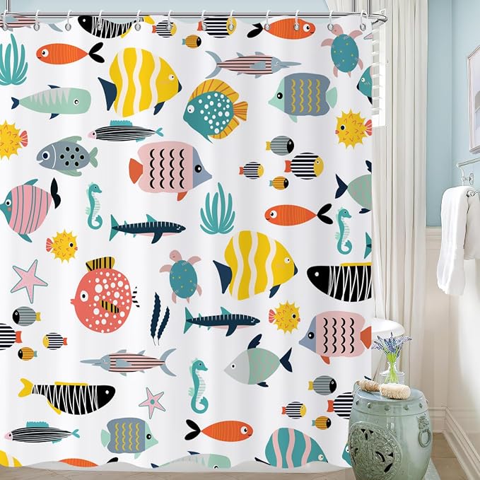 Kid Shower Curtain, Colorful Cartoon Tropical Fish Ocean Beach Theme Bath - Image 2