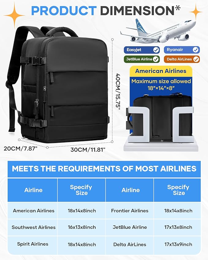 coofay Black Travel Backpack Carry on Flight Approved Mochila De Viaje Personal - Image 3