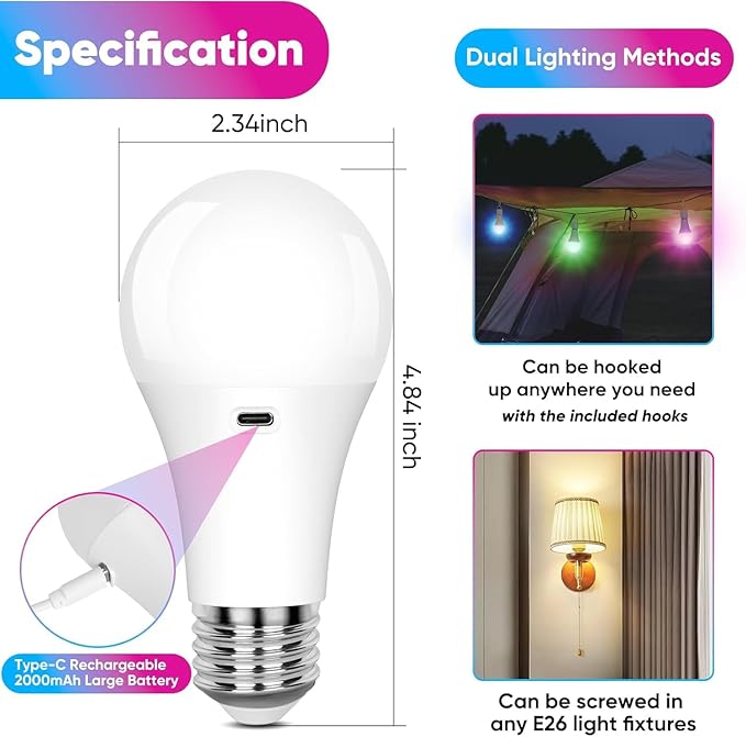 Yochoice Rechargeable Battery Operated Wireless Puck A19 Light Bulb - Image 5
