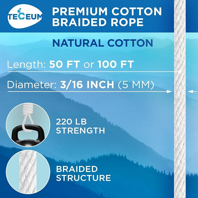 TECEUM Cotton Rope 3/16” – 50 FT – Strong All-Purpose Braided Rope – Natural - Image 2