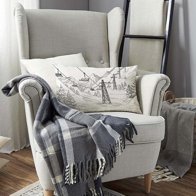 TKS MITLAN Mountain Ski Lift Pillow Cover 12x20 inch Sketch White Wintertime - Image 3