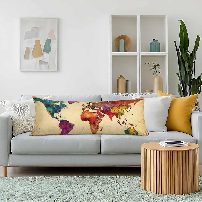 World Map Body Pillow Pillowcase, Retro World Map Colorful Body Pillow Cushion - Image 2