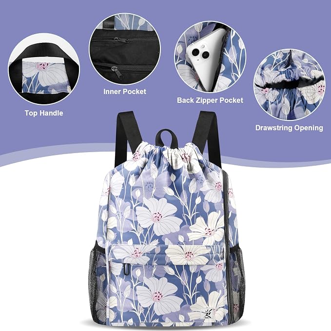 Drawstring Backpack with Mesh Pockets String Gym Bag Sackpack Sandproof Water - Image 4