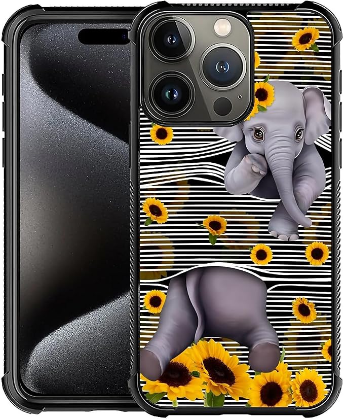 for iPhone 16 Pro Case, Cute Little Elephant Sunflower White Line Art Pattern by FKBRCL4U