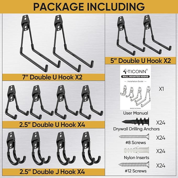 TICONN 12 Pack Heavy Duty Garage Hooks, Steel Utility Wall Storage Hooks - Image 4