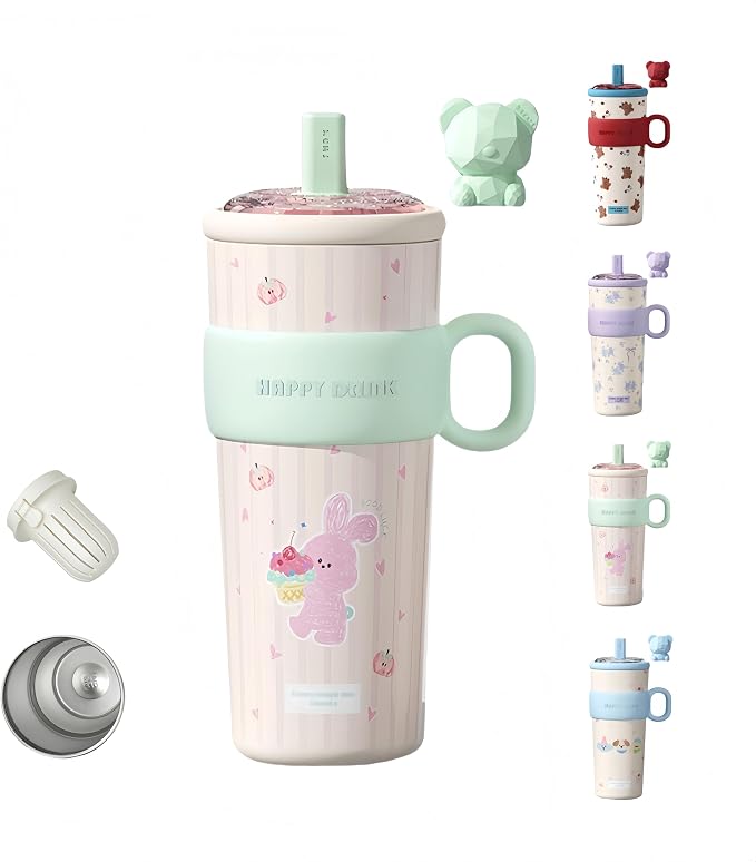 21oz Cute Bear Car Cup with Straw & Cap, Leak-Proof Portable Mug with Tea by Unknown