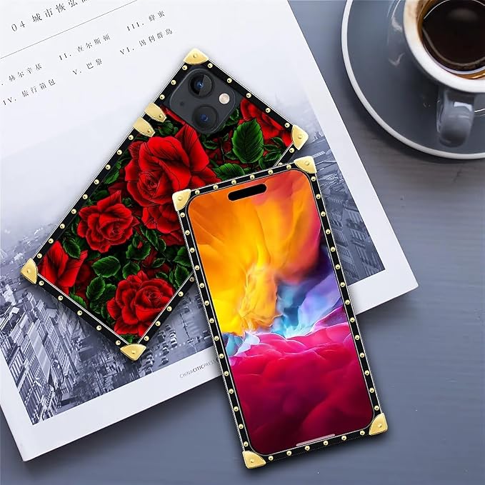 Compatible with iPhone 15 Case, Vector Red Rose Green Leaf Luxury Golden - Image 6