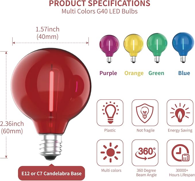 Meconard 25 Pack G40 Colored LED String Light Bulbs, E12/C7 Candelabra Base - Image 2