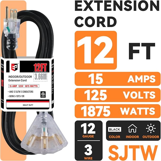 EP 12 Ft 12 Gauge Heavy Duty Extension Cord, 15A 125V 1875W, 3 Outlet - Image 2