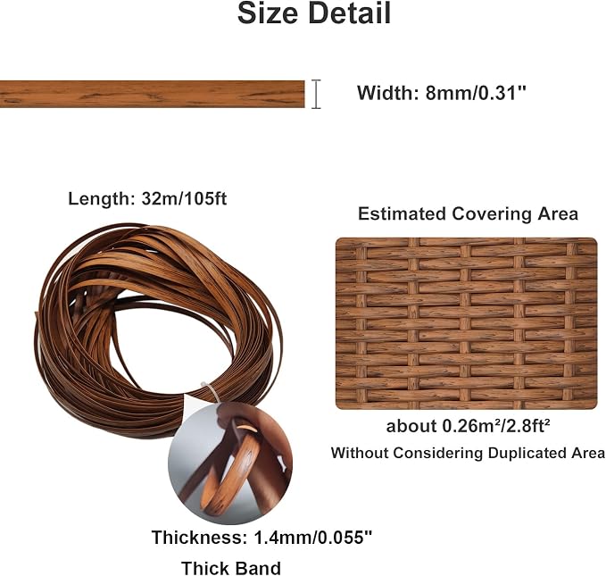 Feyart 32m/105ft 8mm Dark Wood Grain Brown Wicker Repair Kit, PE Rattan Repair - Image 4